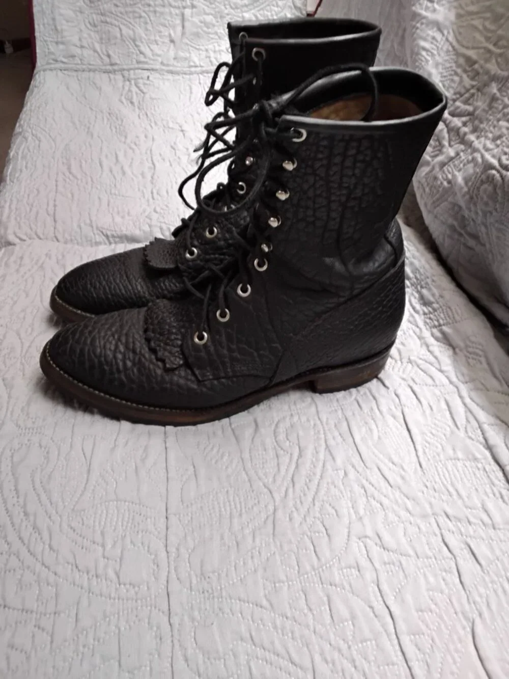 Justin Western 522 Roper Boots Pebbled Bullhide Leather Size 8.5D Lace Up USA